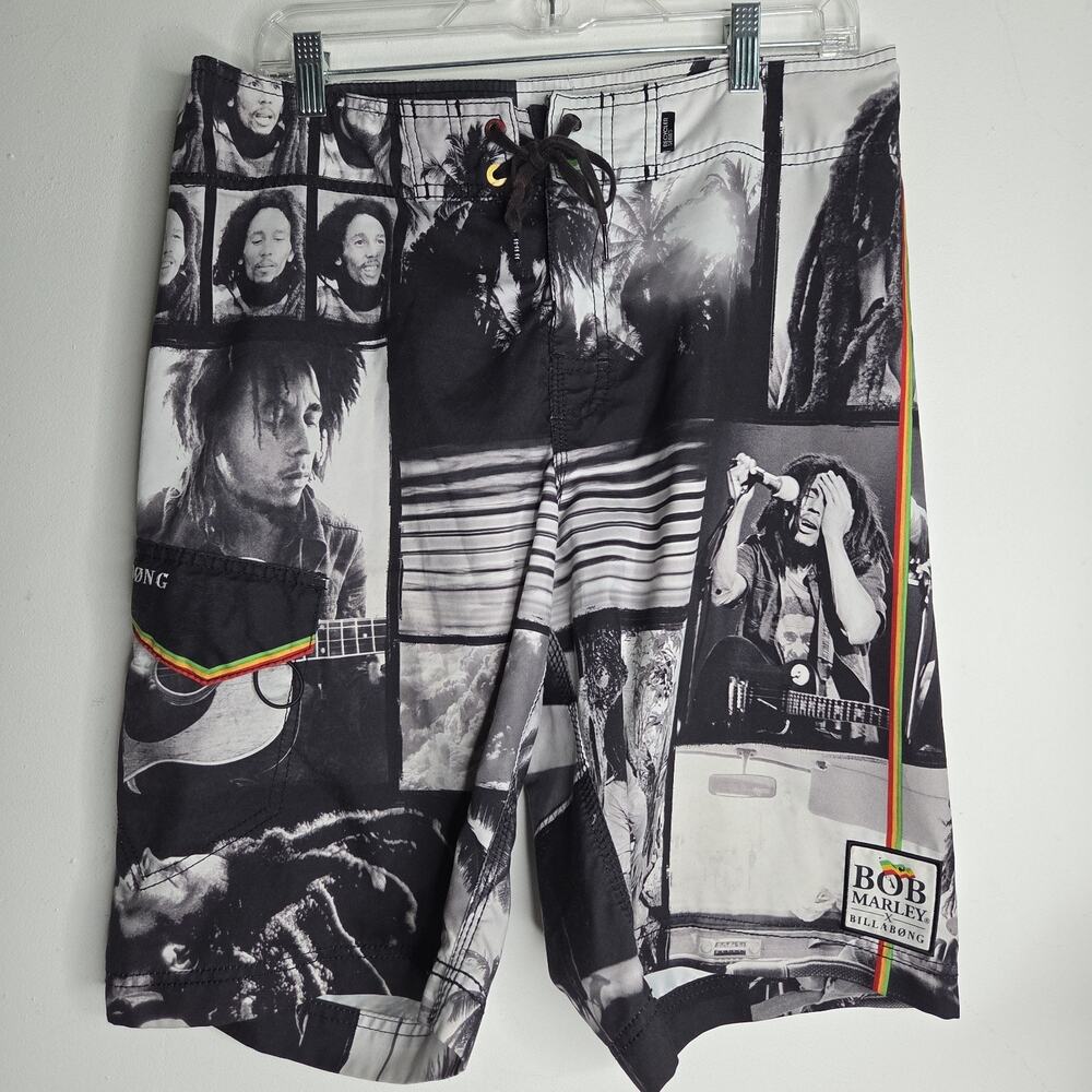 Billabong x Bob Marley Board Shorts Mens 34 Black White Photo Print M140NRAS